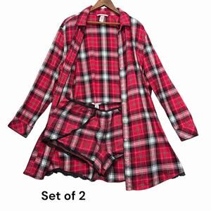 Victoria’s Secret Plaid Flannel Sleep Shirt Shorts Set Sz L Red Black Lace Trim